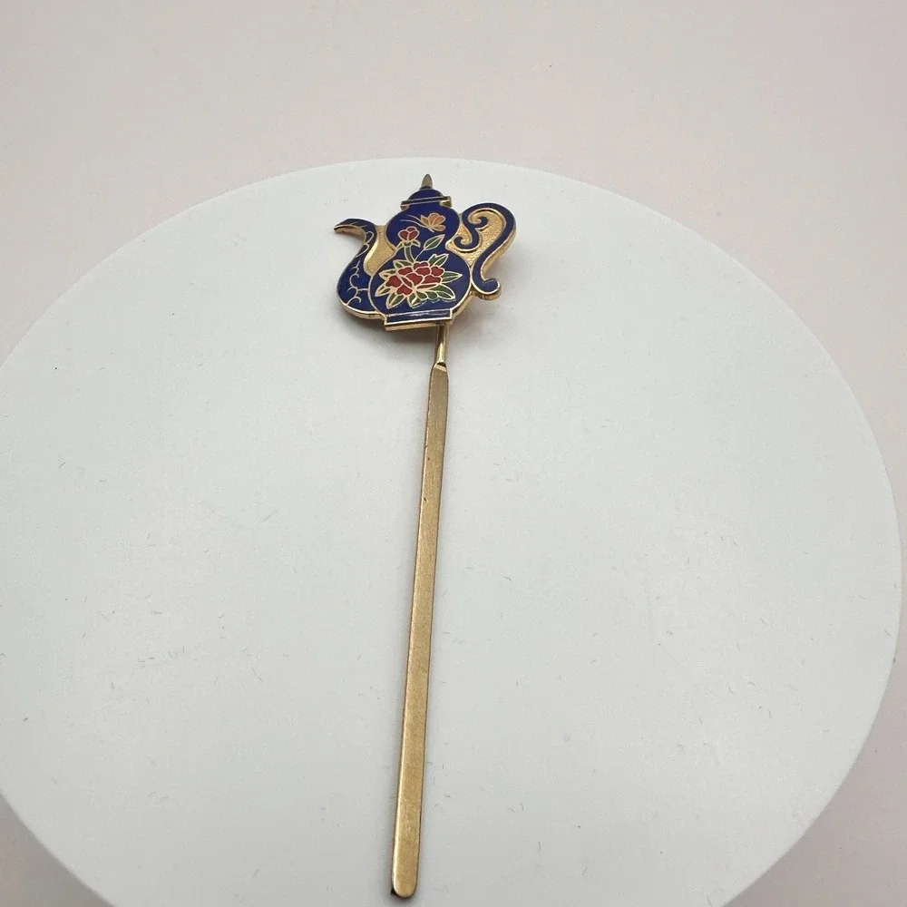 Vintage 90s Cloisonne Teapot Hair Sticks Gold Tone Blue Enamel Women's Jewelry